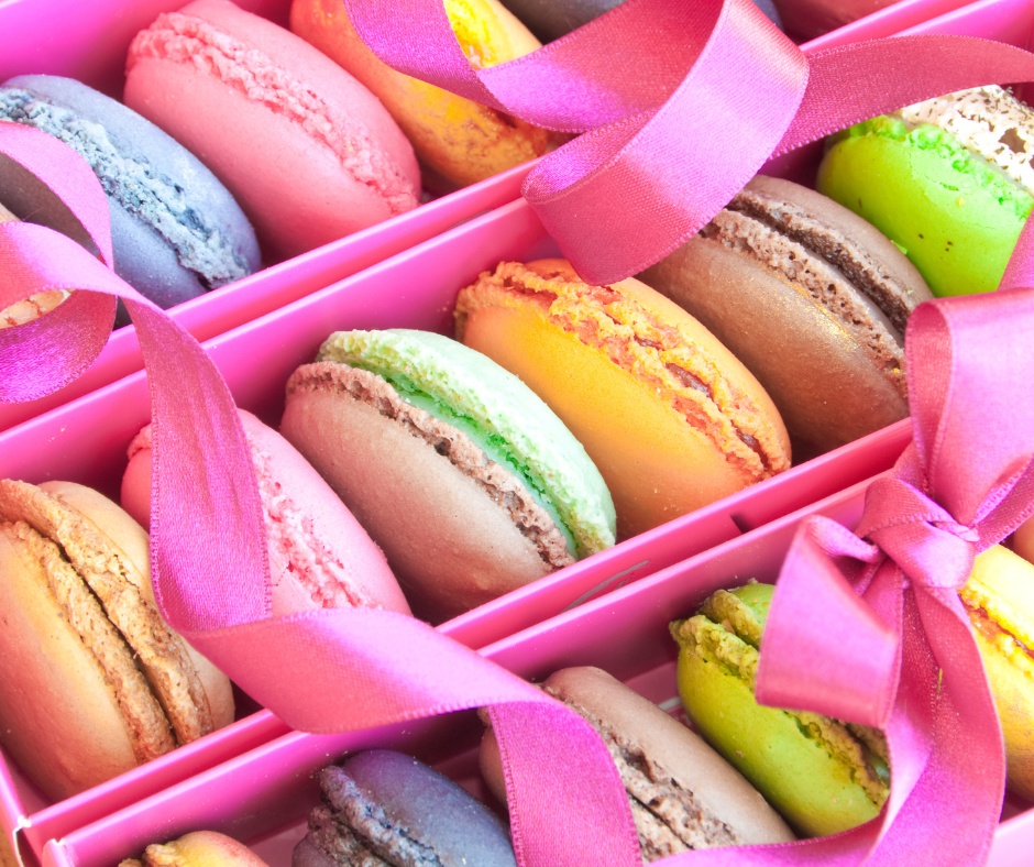 Pink box with Macrons of different colors