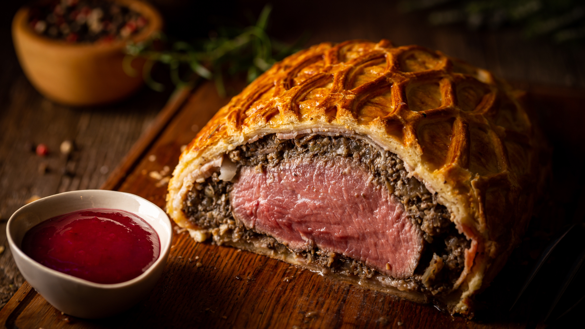 Beef Wellington cut in half