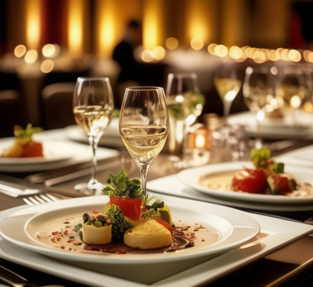 Display of dishes and wine glasses