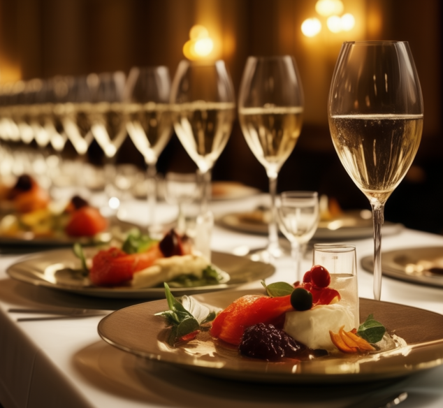 Display of wine glasses on banquet table