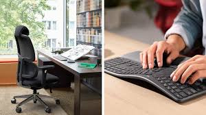 Home office desk and chair with keyboard