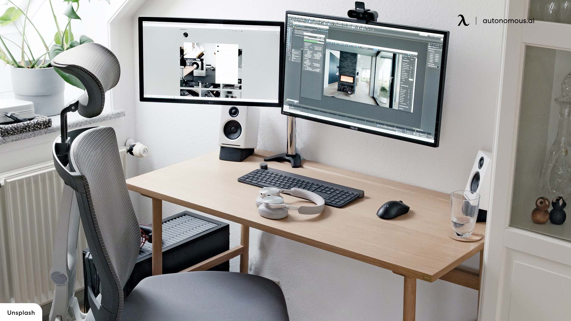 Home office desk with chair and computers